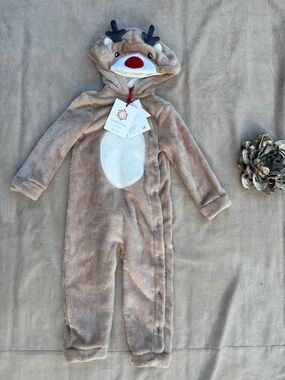 🐧Rudolph Reindeer Plush Hooded One-Piece - Size 12-18M